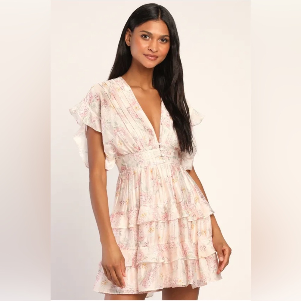 Lulu's Easily in Love Blush Pink Floral Print Ruffled Tiered Mini Dress